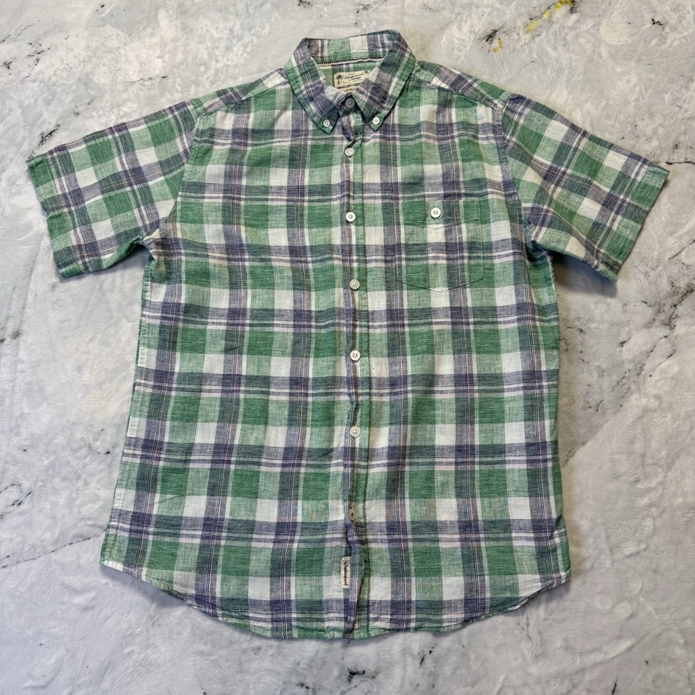 Weatherproof Vintage Shirt Mens Size M Blue Green Plaid Washable Linen Blend